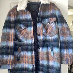 Blank NYC Blue and Orange Plaid Jacket with Shearling Collar